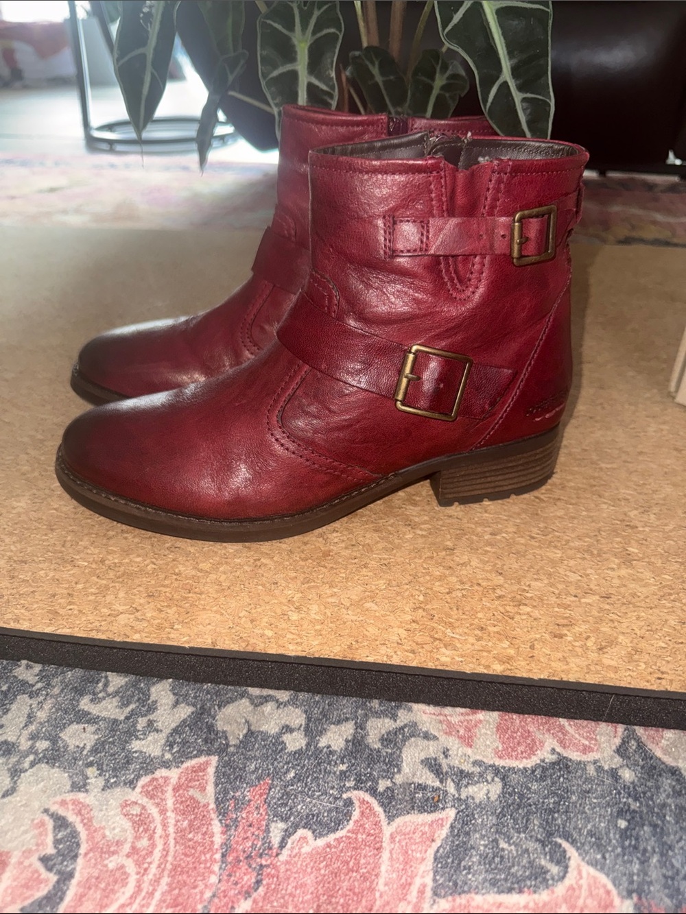 Josef Seibel Burgundy Leather Ankle Booties with Buckle Detail